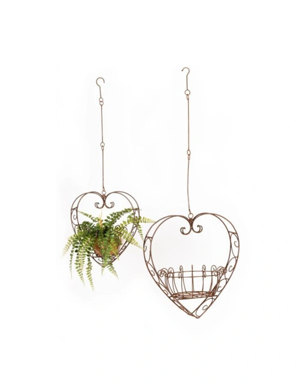 2pc Wire Metal Rust 38/51cm Heart Planter w/ Hook/Chain Outdoor Garden Decor Set, hi-res image number null