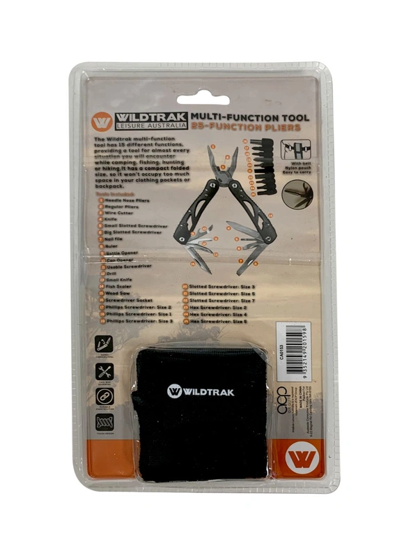 Wildtrak 25in1 Aluminium Multi-Tool Pliers Wire Cutter/Knife/Bottle Opener Black, hi-res image number null