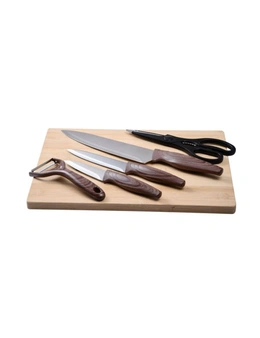 6pc Bergner Stainless Steel Kitchen Knife/Peeler/Scissors & Wooden Board Set