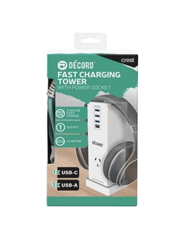 Crest Decord Office Headphone Stand USB-C/USB Power Board Tower Station White