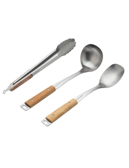 3pc Ecology Provisions Acacia/Steel Barbecue Tongs/Spoon/Ladle Utensil Cook Set