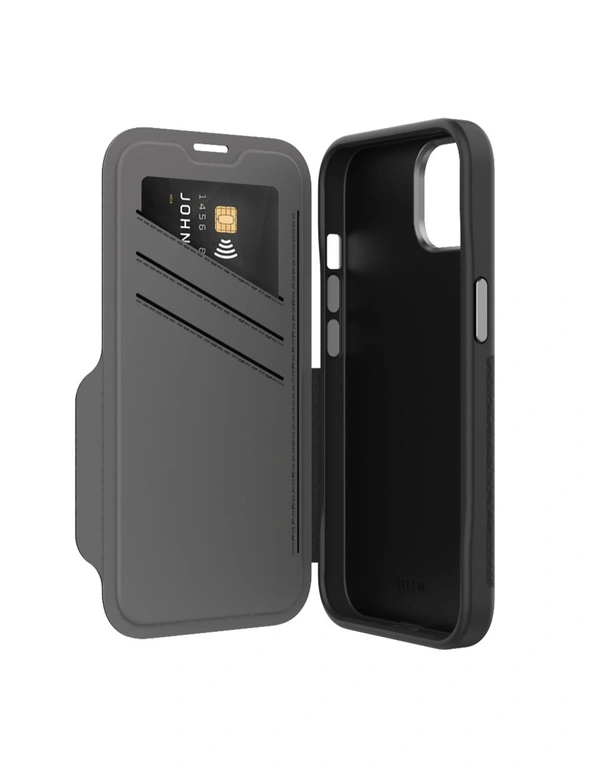 EFM Monaco Leather Wallet Case Armour w/ D3O 5G Signal Plus For iPhone 13 (6.1") - Black/Space Grey, hi-res image number null