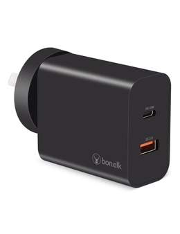 Bonelk AC Wall Charger 20W PD/USB-C 18W/QC USB-A 38W Adapter Plug AU/NZ Black