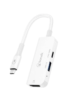 Bonelk Long-Life 3in1 USB-C M to F HDMI/USB MultiPort Hub For PC/Laptop White