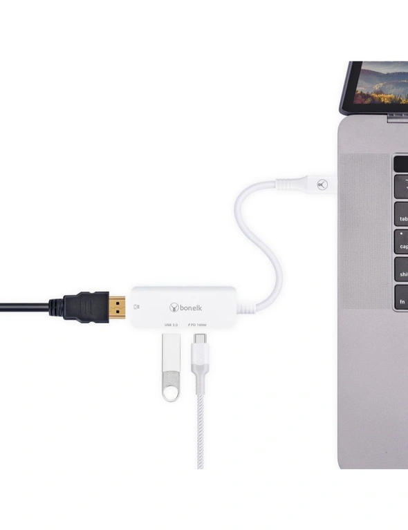 Bonelk Long-Life 3in1 USB-C M to F HDMI/USB MultiPort Hub For PC/Laptop White, hi-res image number null