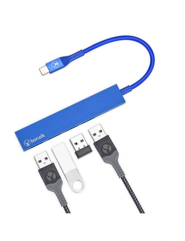 Bonelk Long-Life USB-C to 4-Port USB 3.0 Slim Hub Port 5Gbps For Laptop/PC Blue, hi-res image number null