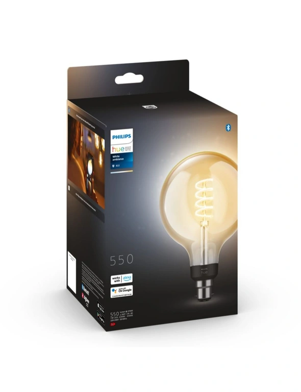 Philips Hue 11cm Smart Light LED Bulb Filament Globe G125 B22 w/ Bluetooth White, hi-res image number null