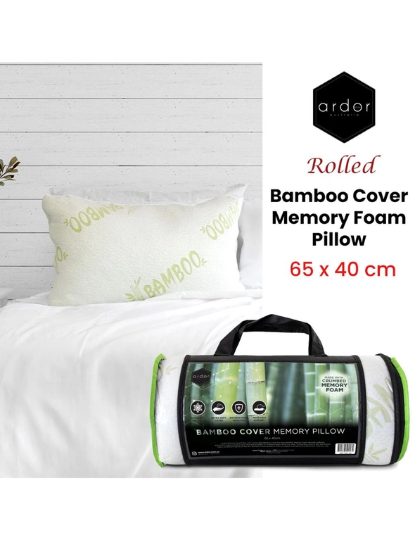 Ardor Rolled Bamboo 65x40cm Memory Foam Pillow w/ Removable Pillowcase Cover WHT, hi-res image number null