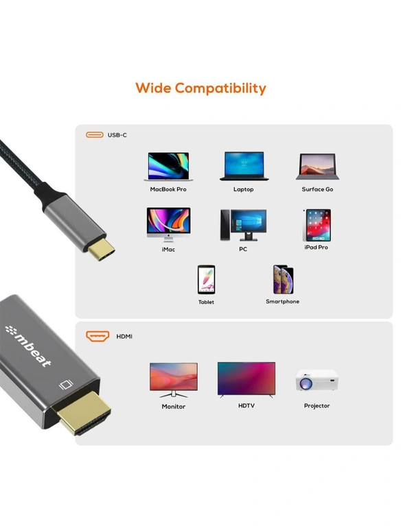 Mbeat ToughLink 1.8m 4K USB-C Male To HDMI M Cable Adapter Cord For Laptop/Phone, hi-res image number null
