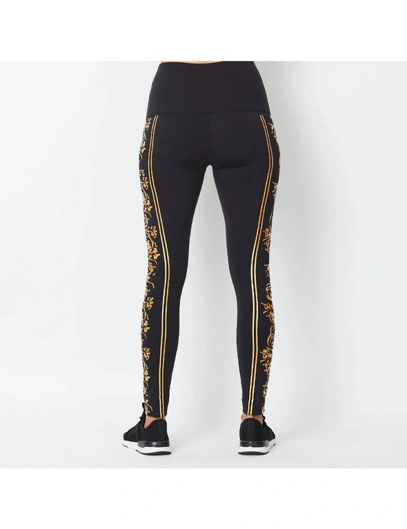 Yvonne Adele Women's Size L Luxe Flora Fitness/Workout Gym Leggings Black/Gold, hi-res image number null