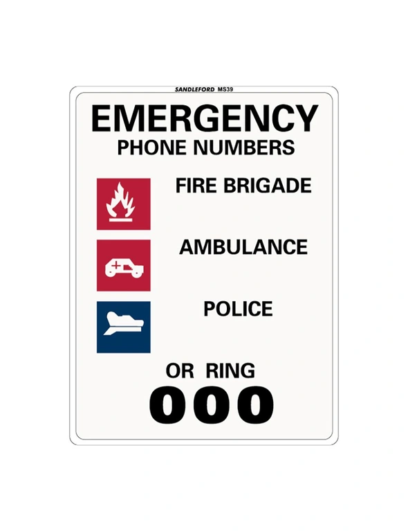 Emergency Phone Numbers 225x300mm Safety Sign Polypropylene Wall/Door Mountable, hi-res image number null