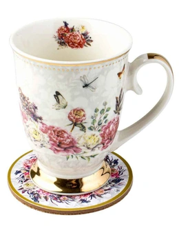 Roses & Butterflies Floral Decorative Botanical Coffee Mug & Coaster Set 360ml