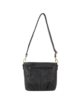 Pierre Cardin Women's Woven Leather Cross-Body Bag w/ Front Zip Pocket Black