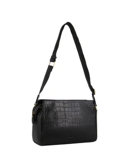 Pierre Cardin Women's Croc-Emboss Leather Cross-Body Bag w/Lined Interior Black
