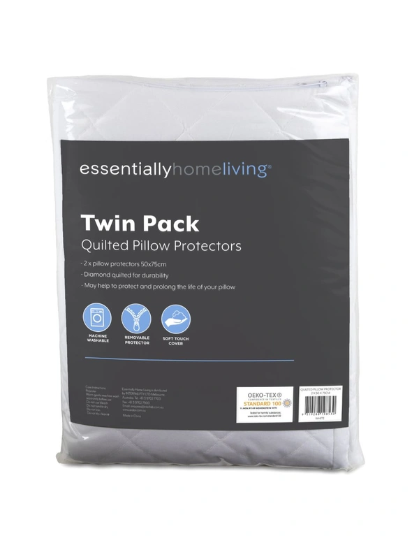 Essentially Home Living Quilted Microfibre 50x70cm Pillow Protector Twin Pack White, hi-res image number null