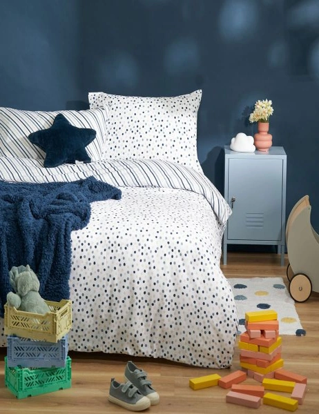 Minikins Reversible Single Bed Quilt Cover Set Cotton Blue Spot Printed Kids, hi-res image number null