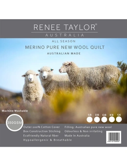 Renee Taylor King Bed Australian Pure Merino Wool Quilt 350GSM Warm Home Bedding