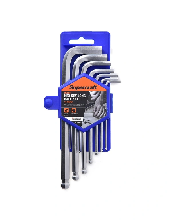 10pc Supercraft Allen/Hex Key Wrench Long Ball Metric 1.27-10mm Home Tool Set, hi-res image number null