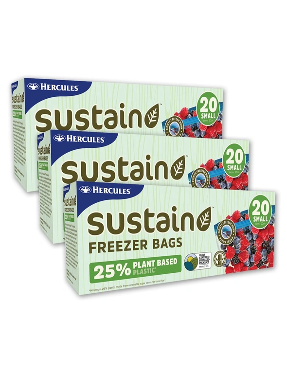 3x 20pc Hercules Sustain Plant Based Resealable Freezer Bags, hi-res image number null