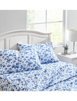 Laura Ashley Emelisa Queen Flannelette Sheet Set w/ 2x Pillowcase Porcelain Blue