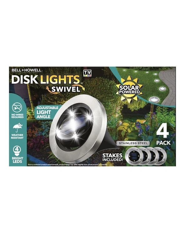 4pc Bell+Howell Swivel Disk Stainless Steel Solar/LED Adjustable Lights w/Stakes, hi-res image number null