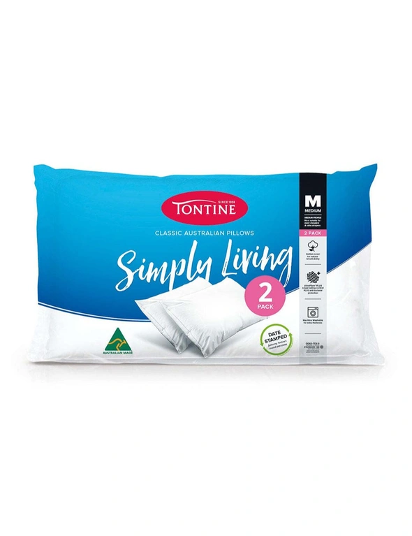 2pc Tontine 46x72cm Simply Living Cotton Pillow Medium Profile Home Bedding WHT, hi-res image number null