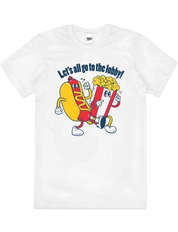 Let's All Go to the Lobby Movie Popcorn Cotton T-Shirt Unisex Tee White Size L, hi-res image number null