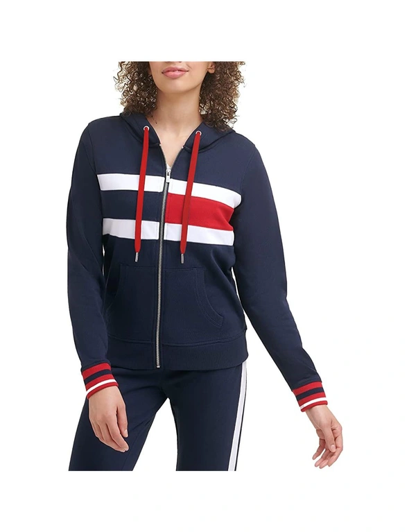 Tommy Hilfiger Size L Women's Zip Front Hoodie Flag Colour Block & Stripe Navy, hi-res image number null