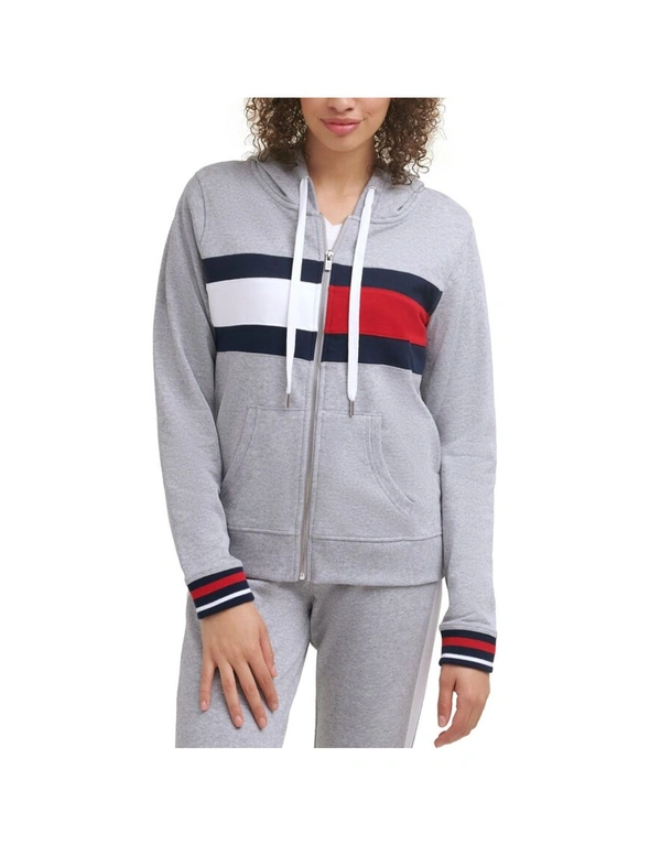 Tommy Hilfiger Size M Women's Zip Front Hoodie Flag Colour Block & Stripe Grey, hi-res image number null