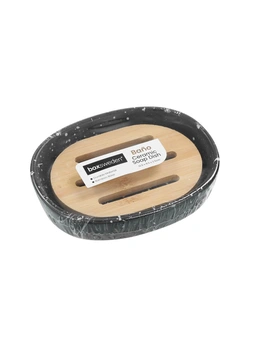 3x Boxsweden Bano 12.5x9.5cm Ceramic Soap Dish Holder w/ Bamboo Base BLK Speckle