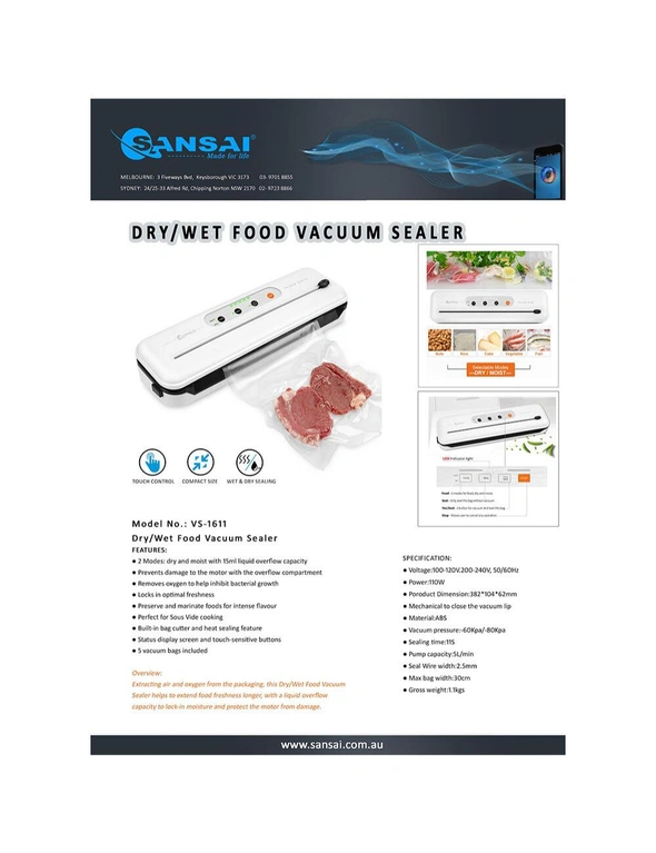 Sansai Electric Vacuum Sealer 60kPa Powerful Suction f/ Food Locks In Freshness, hi-res image number null