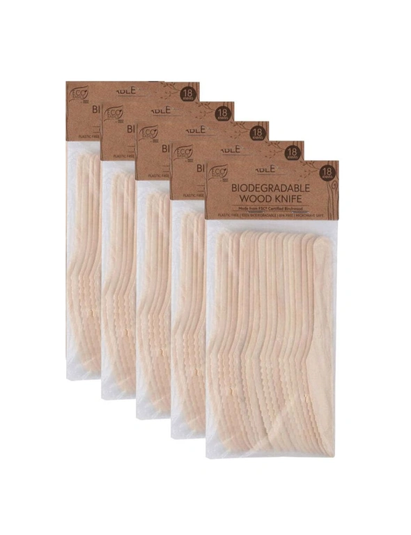 5x 18pc Eco Basics 16.5cm Biodegradable Birchwood Knife Disposable Cutlery Brown, hi-res image number null