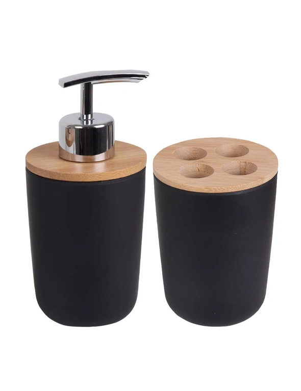 Eco Basics Bathroom Bamboo Toothbrush Caddy/Holder & Soap Pump Bottle Set Black, hi-res image number null