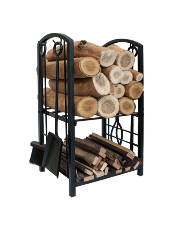 Large 2 Tier Wood Storage Rack with 4 Piece Fireplace Tools, hi-res image number null