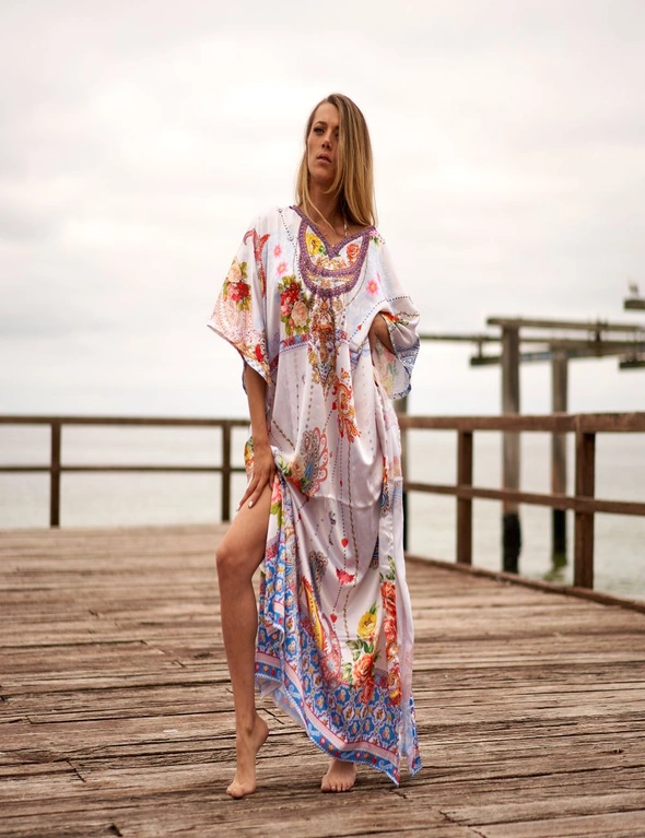 Silk Kaftan,Silk floral print Beach Coverup,Womens Silk Kaftan,Full Length Silk Caftan,Silk Resort Wear For Women,Long Silk Dress, 002, hi-res image number null