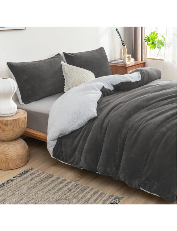 Luxor 2 in 1 Teddy Fleece Sherpa Duvet Cover Set and Blanket Charcoal, hi-res image number null
