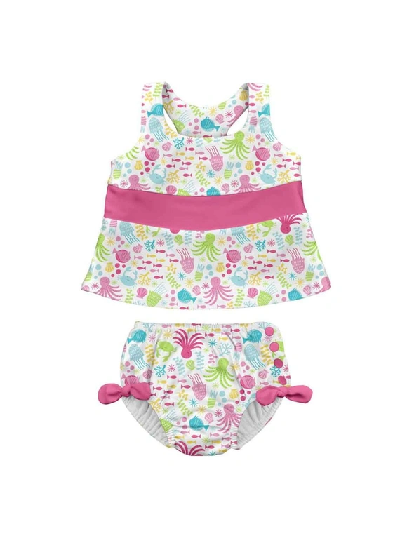 Bow Tankini Swimsuit Set with Snap Reusable Absorbent Swim Diaper-White Sea Pals, hi-res image number null