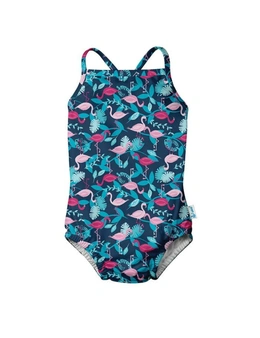 Ruffle Swimsuit with Built-in Reusable Absorbent Swim Diaper-Navy Flamingo