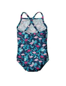 Ruffle Swimsuit with Built-in Reusable Absorbent Swim Diaper-Navy Flamingo