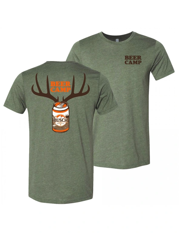 Busch Beer Hunting Beer Camp Front and Back Print Green T-Shirt, hi-res image number null