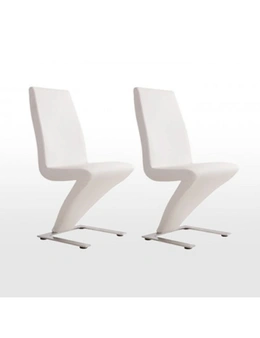 2x Z Shape White Leatherette Dining Chairs with Stainless Base