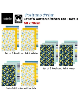 Ladelle Set of 6 Positano Cotton Kitchen Tea Towels 50 x 70 cm