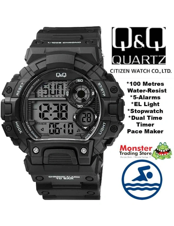 QQ Citizen Made Digital Watch Men's M144J001 5-Alarms, Stopwatch,Timer, Dual Time,Pace Maker El Light,100m Water Resist, hi-res image number null