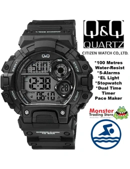 QQ Citizen Made Digital Watch Men's M144J001 5-Alarms, Stopwatch,Timer, Dual Time,Pace Maker El Light,100m Water Resist