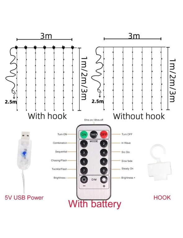 USB Powered Remote Controlled LED Light Curtain with Hook White Warm White and Colorful, hi-res image number null