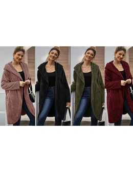 Women's Open Front Hooded Teddy Coat with Pockets