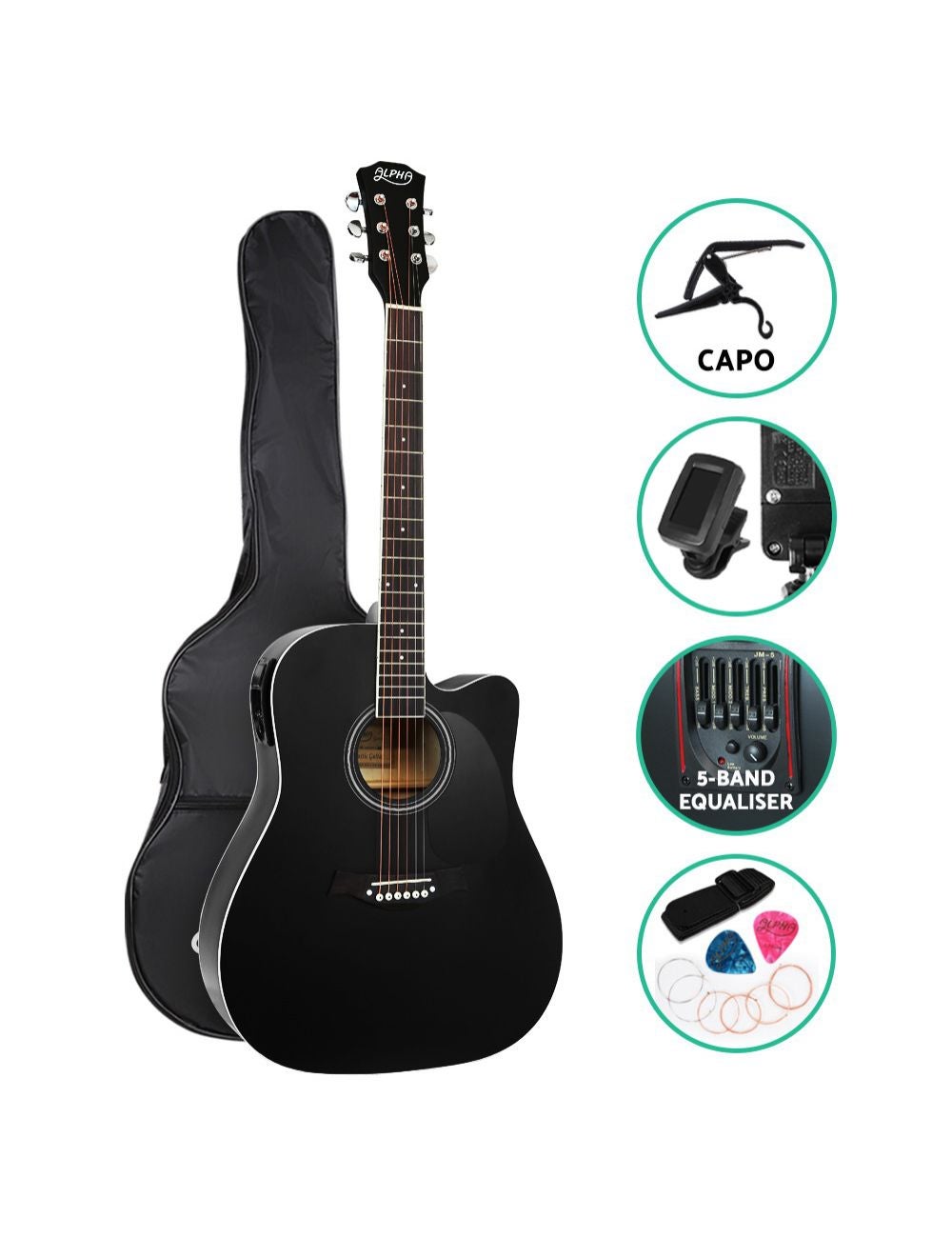 Alpha Guitar 41 Inch Electric Acoustic Guitars Wooden Classical Bass Folk  Music w/ Capo Tuner Stand For Kids And Adult Full Size Alpha Black