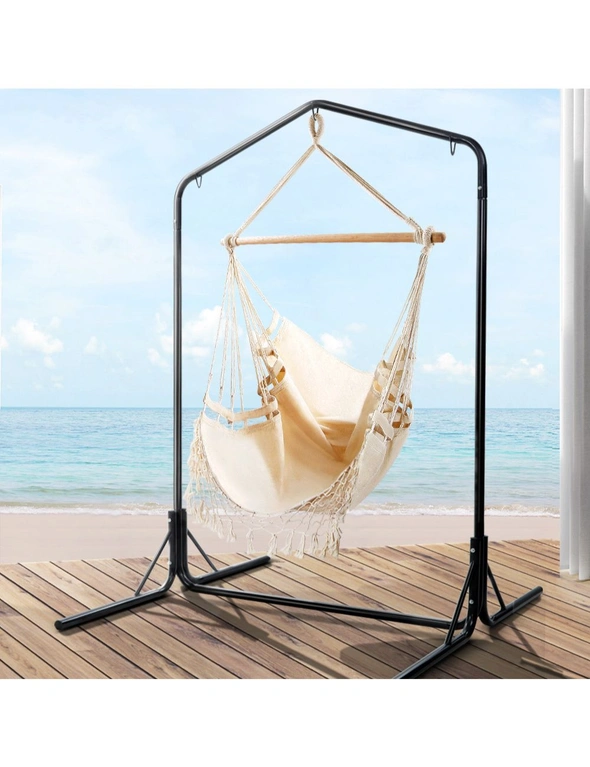 Gardeon Outdoor Hammock Chair with Stand Tassel Hanging Rope Hammocks Cream, hi-res image number null
