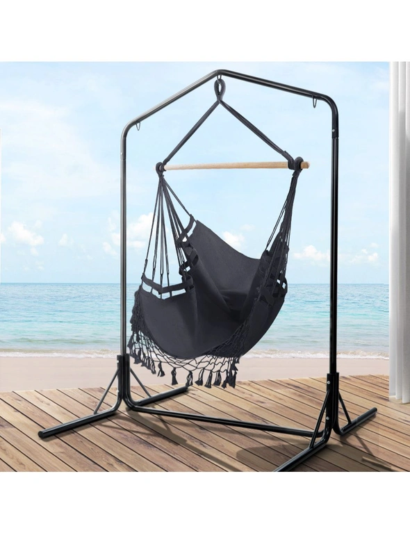 Gardeon Outdoor Hammock Chair with Stand Tassel Hanging Rope Hammocks Grey, hi-res image number null
