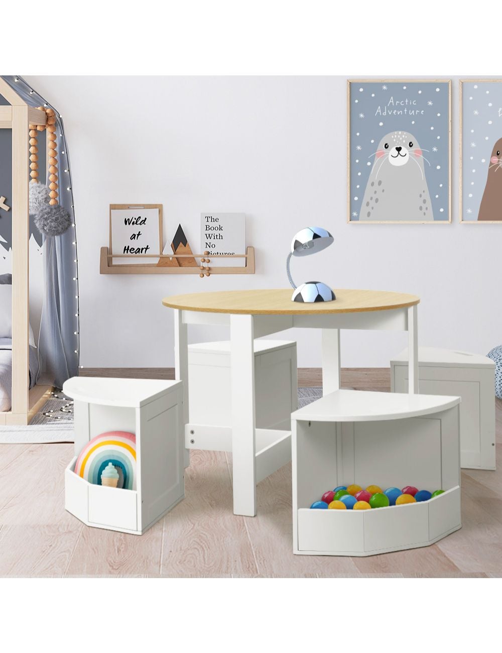 Childrens table and shop chairs with storage